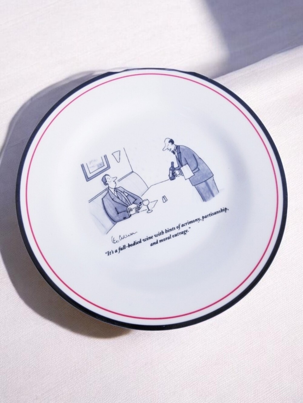 Restoration Hardware New Yorker Plate 8" Leo Cullum Wine Cartoon White Black